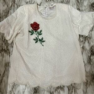 Creative Touch Vintage Beaded Blouse Red Rose Embellished Scalloped Hem Sleeves